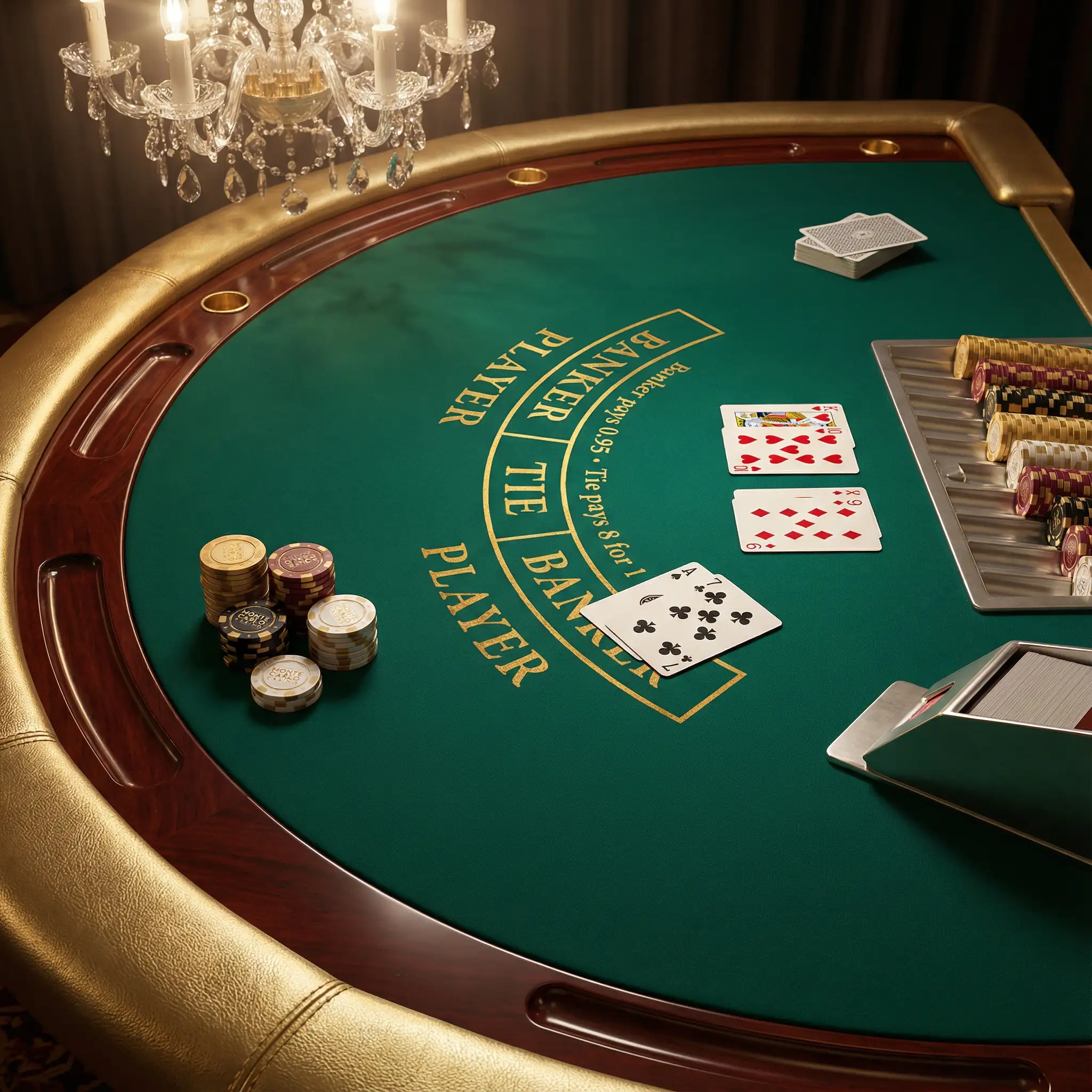 Mesa de bacará elegante con cartas y fichas doradas