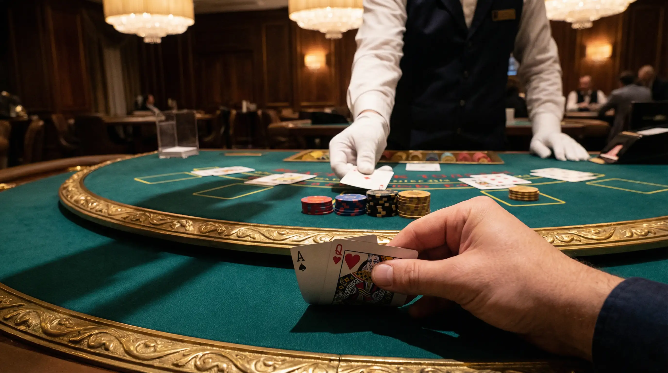 Mesa de blackjack profesional con cartas y fichas